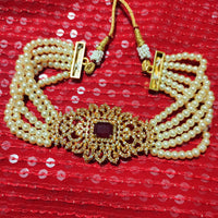 N02001_Classic designer off white pearl crystal Grand square shaped pendant choker necklace set studded  with  American diamond stones.