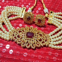 N02001_Classic designer off white pearl crystal Grand square shaped pendant choker necklace set studded  with  American diamond stones.