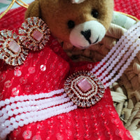 N02003_Classic designer baby pink crystal Grand square shaped pendant choker necklace set studded  with  American diamond stones.