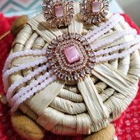 N02003_Classic designer baby pink crystal Grand square shaped pendant choker necklace set studded  with  American diamond stones.