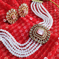 N02003_Classic designer baby pink crystal Grand square shaped pendant choker necklace set studded  with  American diamond stones.