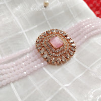 N02003_Classic designer baby pink crystal Grand square shaped pendant choker necklace set studded  with  American diamond stones.