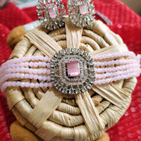N02002_Classic designer baby pink crystal Grand square shaped pendant choker necklace set studded  with  American diamond stones.