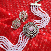 N02002_Classic designer baby pink crystal Grand square shaped pendant choker necklace set studded  with  American diamond stones.