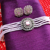 N02002_Classic designer baby pink crystal Grand square shaped pendant choker necklace set studded  with  American diamond stones.