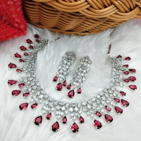 N01146_Grand Lovely designer Silver polished choker necklace embellished with American diamond stones with delicate white & Ruby Pink stone work.