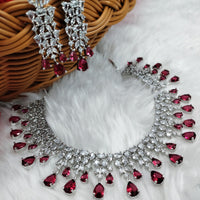 N01146_Grand Lovely designer Silver polished choker necklace embellished with American diamond stones with delicate white & Ruby Pink stone work.