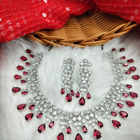 N01146_Grand Lovely designer Silver polished choker necklace embellished with American diamond stones with delicate white & Ruby Pink stone work.