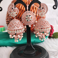 E01011_Ravishing grand layered designer Rose gold hoop Jumkas with Maangtika delicate Mint Green stone work.