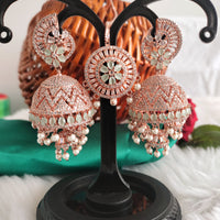 E01011_Ravishing grand layered designer Rose gold hoop Jumkas with Maangtika delicate Mint Green stone work.