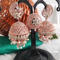 E01011_Ravishing grand layered designer Rose gold hoop Jumkas with Maangtika delicate Mint Green stone work.
