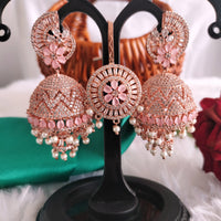 E01012_Ravishing grand layered designer Rose gold hoop Jumkas with Maangtika delicate Bany Pink stone work.