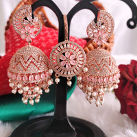 E01012_Ravishing grand layered designer Rose gold hoop Jumkas with Maangtika delicate Bany Pink stone work.