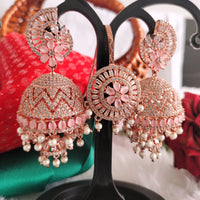 E01012_Ravishing grand layered designer Rose gold hoop Jumkas with Maangtika delicate Bany Pink stone work.