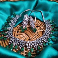 N01157_Grand Lovely designer Rose Gold & Metallic polished choker necklace embellished with American diamond stones with delicate Dark Green Stones work.