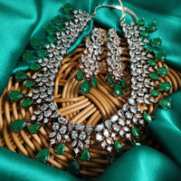 N01157_Grand Lovely designer Rose Gold & Metallic polished choker necklace embellished with American diamond stones with delicate Dark Green Stones work.
