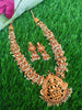 N0558_Classic temple jewelry style Lakshmi design gold plated necklace set embellished with ruby stones with a touch of pearls.