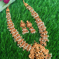 N0558_Classic temple jewelry style Lakshmi design gold plated necklace set embellished with ruby stones with a touch of pearls.