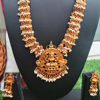 N0558_Classic temple jewelry style Lakshmi design gold plated necklace set embellished with ruby stones with a touch of pearls.