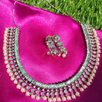 N01148_Grand Lovely designer Silver polished choker necklace embellished with American diamond stones with delicate mint green and pearl work.