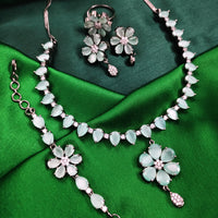 N01162_Grand Lovely designer Silver polished choker Necklace Set+Ring+Bracelet embellished with American diamond stones with delicate Rama Green Stones work.