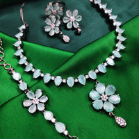 N01162_Grand Lovely designer Silver polished choker Necklace Set+Ring+Bracelet embellished with American diamond stones with delicate Rama Green Stones work.
