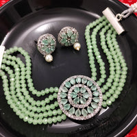 N02020_Classic designer Grape Green pearl crystal Grand round shaped pendant choker necklace set studded  with  American diamond stones.