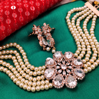 N02027_Classic designer Off White pearl crystal Grand Flower shaped pendant choker necklace set studded  with  American diamond stones.