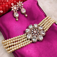 N02027_Classic designer Off White pearl crystal Grand Flower shaped pendant choker necklace set studded  with  American diamond stones.