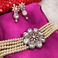 N02027_Classic designer Off White pearl crystal Grand Flower shaped pendant choker necklace set studded  with  American diamond stones.