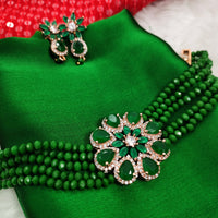 N02029_Classic designer Leafy Green pearl crystal Grand Flower shaped pendant choker necklace set studded  with  American diamond stones.