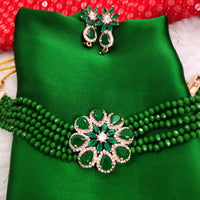N02029_Classic designer Leafy Green pearl crystal Grand Flower shaped pendant choker necklace set studded  with  American diamond stones.