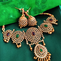N0557_Classic temple jewelry style flower design gold plated necklace set embellished with ruby stones with a touch of pearls.
