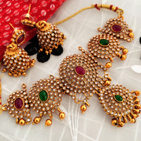 N0557_Classic temple jewelry style flower design gold plated necklace set embellished with ruby stones with a touch of pearls.
