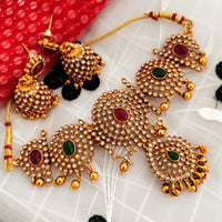 N0557_Classic temple jewelry style flower design gold plated necklace set embellished with ruby stones with a touch of pearls.