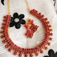 N01172_Grand Lovely designer Gold polished choker Necklace Set  embellished with American diamond stones with delicate Ruby Stones and flower work.