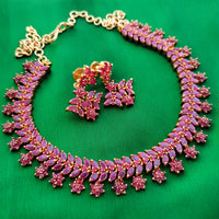 N01172_Grand Lovely designer Gold polished choker Necklace Set  embellished with American diamond stones with delicate Ruby Stones and flower work.