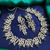 N01174_Grand Lovely designer Silver polished Necklace Set  embellished with American diamond stones with delicate blue Stones .