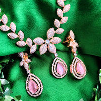 N01169_Grand Lovely designer Rose Gold polished choker Necklace Set  embellished with American diamond stones with delicate Baby Pink Stones work.