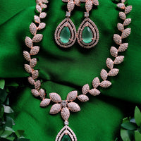 N01168_Grand Lovely designer Rose Gold polished choker Necklace Set  embellished with American diamond stones with delicate Mint Green Stones work.