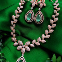 N01168_Grand Lovely designer Rose Gold polished choker Necklace Set  embellished with American diamond stones with delicate Mint Green Stones work.