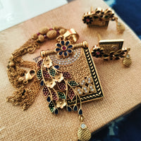 N0559_Classic temple jewelry style Mangal Sutra design gold plated necklace set embellished with ruby stones ..