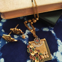 N0559_Classic temple jewelry style Mangal Sutra design gold plated necklace set embellished with ruby stones ..