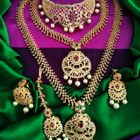 N01176_Grand Lovely designer Gold polished 3 set of Necklaces  embellished with American diamond stones with delicate White & ruby Stones .