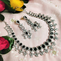 N01175_Grand Lovely designer Silver polished Necklace Set  embellished with American diamond stones with delicate Black Stones .