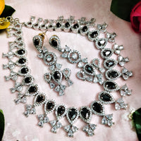 N01175_Grand Lovely designer Silver polished Necklace Set  embellished with American diamond stones with delicate Black Stones .