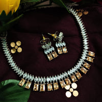 N01183_Grand Lovely designer Silver polished Necklace Set  embellished with American diamond stones with delicate Yellow Stones .