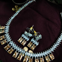 N01183_Grand Lovely designer Silver polished Necklace Set  embellished with American diamond stones with delicate Yellow Stones .