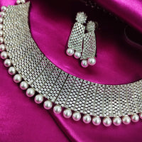 N01179_Grand Lovely designer Silver polished Necklace Set  embellished with American diamond stones with delicate white Stones .