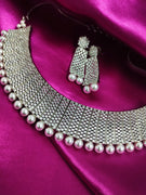 N01179_Grand Lovely designer Silver polished Necklace Set  embellished with American diamond stones with delicate white Stones .